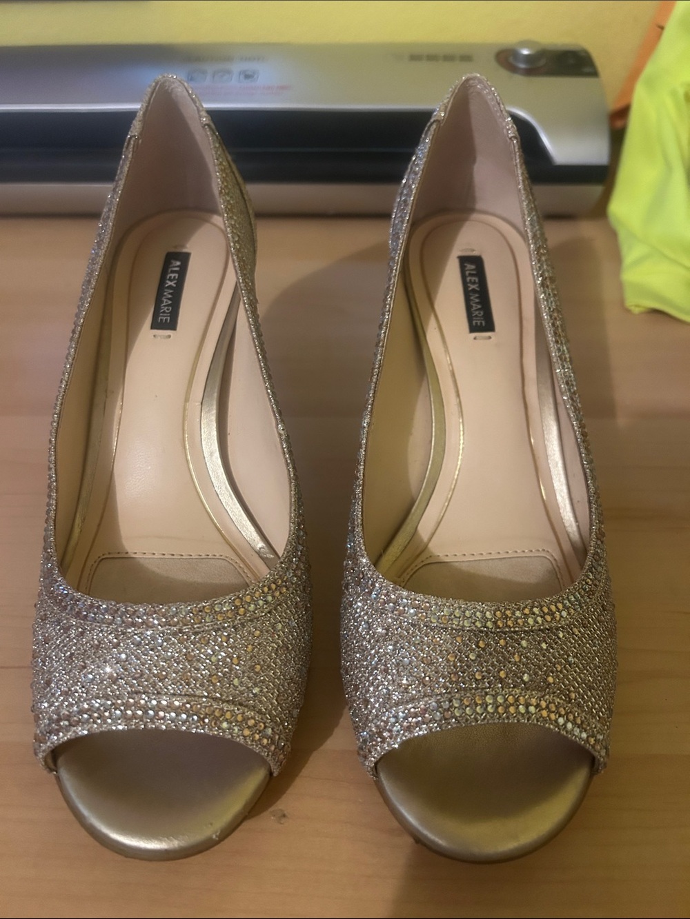 Alex Marie Glitter Open-Toe Pumps in Gold